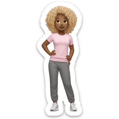 girl wearing lululemon shirt and light pink sweat pants with curly blond hair sticker
