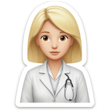 blonde caucasian woman in white dress shirt and white lab coat sticker