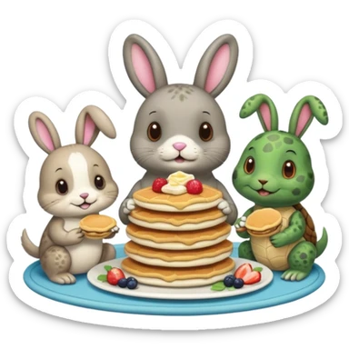 Seal, dog, bunny, turtle all eating pancakes in 1 image together sticker