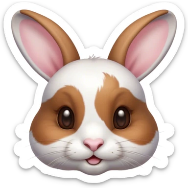 Cinematic Cute White and Brown Rabbit Portrait Emoji, Head tilted playfully and inquisitively, featuring a silky fur with a delicate mix of white and brown patches, round, sparkling eyes filled with curiosity, Simplified yet irresistibly adorable features, highly detailed, glowing with a warm, friendly glow, high shine, affectionate and lively, stylized with a touch of whimsy, bright and endearing, soft glowing outline, capturing the essence of a mischievous yet loving bunny, so playful it feels like it could hop out of the screen and into your arms! sticker