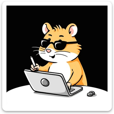 unique, colorful, hand-drawn, modern, realistic hamster with cool glasses, creating a design or making animations, showing creative action, solid black background, illustrated in Procreate on an iPad, not kiddish sticker