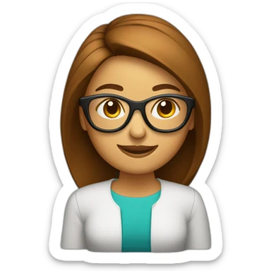 mujer con piel de color blanco con gafas sonriente cabello hasta el hombro y de color marron con un computador sticker