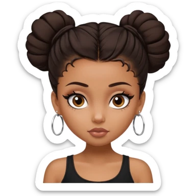 generate a pretty bratz girl in black cami top, dark brown messy bun, eyeliner on. dark brown eyes. NO EARRING sticker