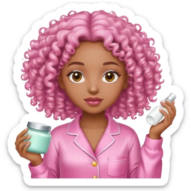 Angelic light skin curly hair black girl in pink satin pajamas doing skin care sticker