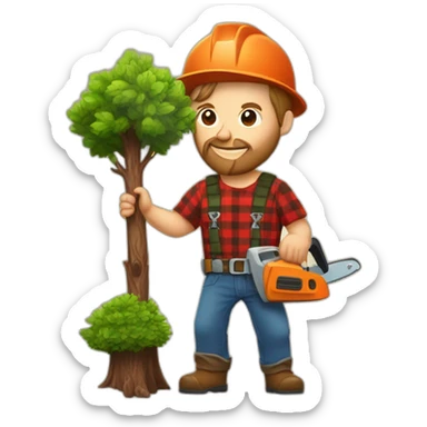 Lumber jack with a baby tree in one hand and chain saw in the other hand sticker