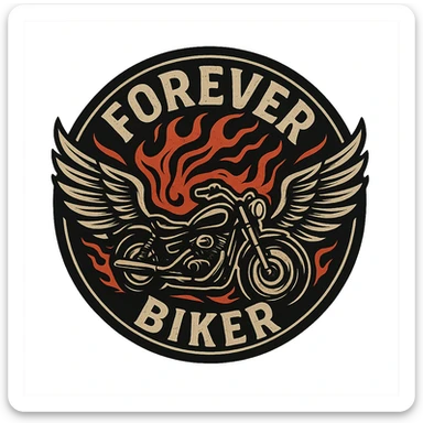 circular transparent background design for motorcycle cap, text 'FOREVER BIKER', motif: motorcycle, flame, wing, unique style sticker