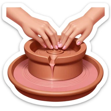 thumbs pressing downward into the center of pink clay to open it on a spinning pottery wheel sticker