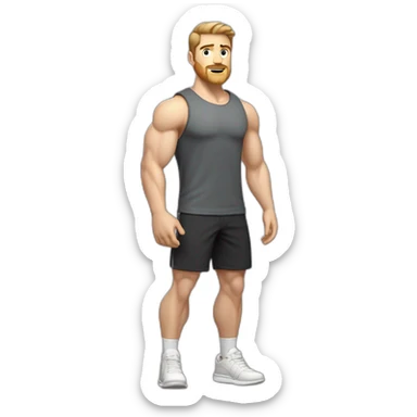 Full height Pale skinned fit man With biceps, Realistic eyes and mouth, light brown hair and stubble In dark gray sleeveless mike, black oversize sports shorts, watch and white sneakers. sticker