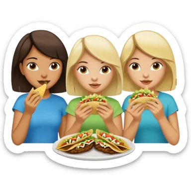 Make 3 girls eating tacos. Caucasian with dark brown short hair, Tan skin with shoulder length dark hair, Light skin with long blonde hair sticker