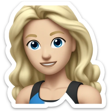 Close up Actively biceps  with hands Pale skinned Fit woman With the biceps and blonde hair in dark gray Sleeveless Mike, black sports shorts, watch and white Sneakers and Blue Eyes  sticker