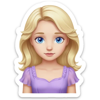 blonde girl with blue eyes and slight wavy hair wearing a lilac dress sticker