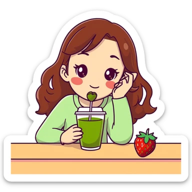 Girl with brown Hair and green eyes, drinking a strawberry matcha with coquette look sticker