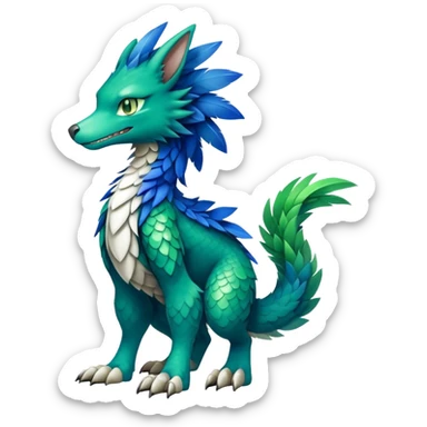 Cute cool fantasy animal hybrid Sergal-Digimon-Fakemon full body, green scales, brown eyes, blue feathers sticker