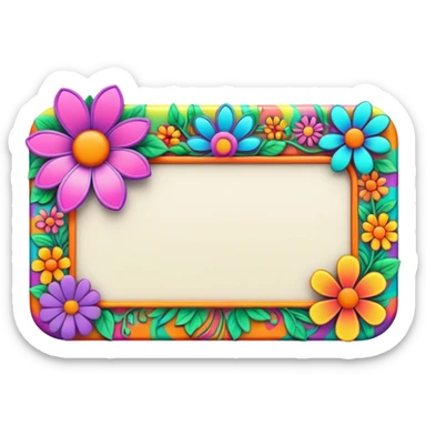 3D, psychedelic colored name tag with hippie style flower border sticker