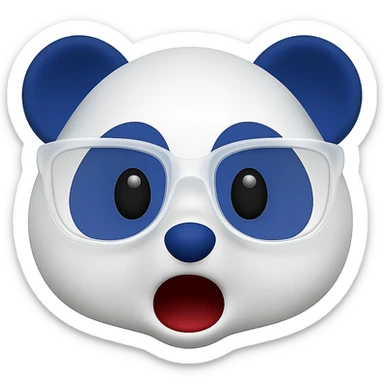 Make the panda's white designer glasses translucent and give the panda a surprised expression, keeping the playful 3D emoji look with white and #002FA7 blue coloring. Remove the background. sticker