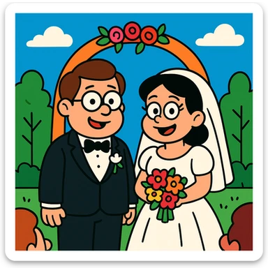 Georgie and Mandy inspired by the reference photo, in wedding outfits, cartoon style, wedding scene, vibrant toon style sticker
