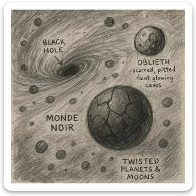 hand drawn map of dark back ward -“A dark cosmic region orbiting a massive black hole. No sunlight. A dead solar system with twisted planets and moons circling in silence. Monde Noir looms in the foreground — a cracked, obsidian planet with no atmosphere. Its moon, Oblieth, floats nearby, scarred and pitted, with faint green lights glowing from within cave openings. Stars are distorted and streaked by gravitational lensing. The entire scene is heavy, quiet, and surreal.” sticker