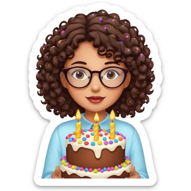 Tanned girl with dark brown curly hair wearing glasses with a cute birthday cake  sticker