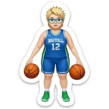 Full Body white plus size Girl with basketball spikey short brown and blonde hair  wearing blue glasses with green eyes wearing blue and green basketball uniform sticker