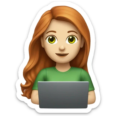 Female coder featuring a laptop. She has long reddish hair, green eyes, white skin. sticker