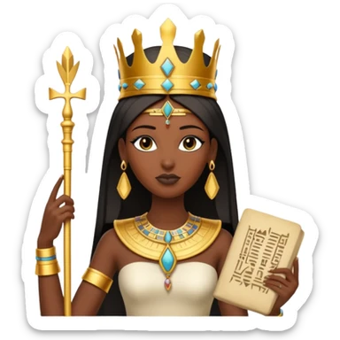 A graceful pharaoh queen wearing a tall crown, elegant posture, and holding a small sacred scroll.
 sticker