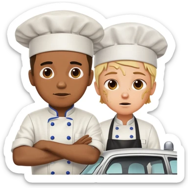 A chef trying to fix a car while a mechanic watches in disbelief sticker