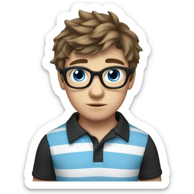 A shy teenage boy with tousled brown hair, large blue eyes, and thick black-rimmed glasses. He wears a light blue striped polo and has a white cast on his left arm. he's nervous sticker
