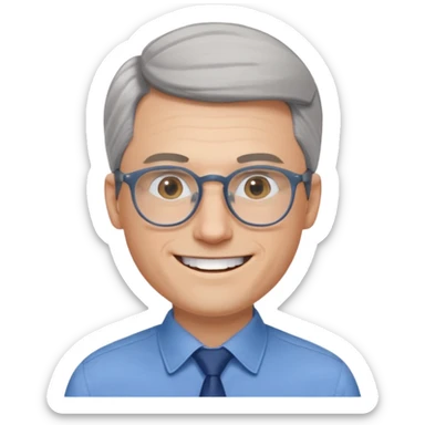 30 yr old pale white man, grey side swept hair, round glasses, big smile, white teeth, handsome, longer hair, thin glasses, blue dress shirt, no tie sticker