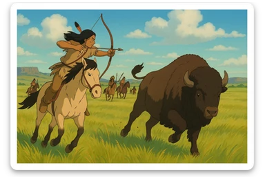 A native American warrior with a bow and arrow on horseback hunting a buffalo on the great plains grassland with other native americans in the background sticker