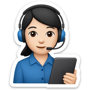 Create an image of an East Asian customer service representative making a phone call, in the same style as the reference image, with no background. sticker