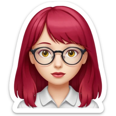 Menina com cabelos longos vermelho Cherry, liso com franja,olho direito ROSA e olho esquerdo amarelo,pele clara e com oculos  sticker