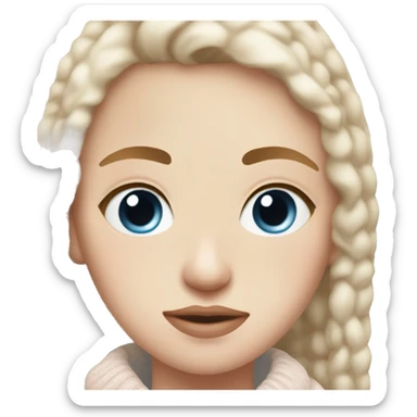 A Blue eyed girl with light pink lips and freckles who is wearing a Pullover wich is white East Porridge sticker