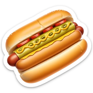 Cinematic Realistic Hot Dog Dish Emoji, featuring a classic hot dog in a bun topped with mustard and relish rendered with crisp textures and vibrant, dynamic lighting. sticker