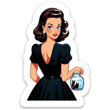 Beautiful woman in 1950’s woman fashion look, black dress, long dark brown hair, whisky with ice, black cat sticker