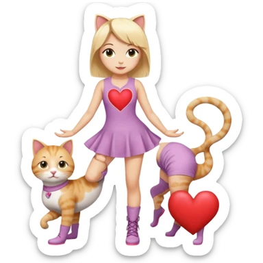 girl in a short dress with gogo boots, blond hair, cut-out heart in the dress, yoga cat pose sticker
