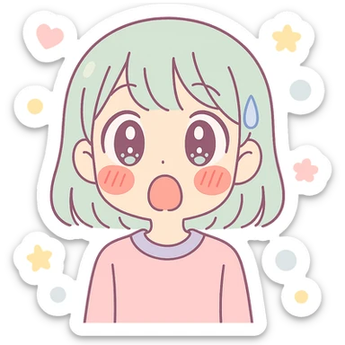 anime style character with wide eyes, red cheeks, mouth open in shock, embarrassed, classic anime sweat drop sticker