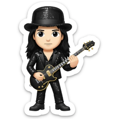 Slash from Gun n Roses with long jet black hair, black sequin outfit sticker