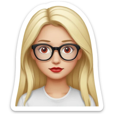 A blonde woman, long hair and long eye lashes,small nose, red blushe and highlighter, black glasses, white tshirt sticker