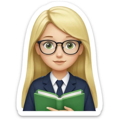 Girl student wearing uniform, glasses, hold green book in front of their chest, blonde long straight hair, white skin sticker