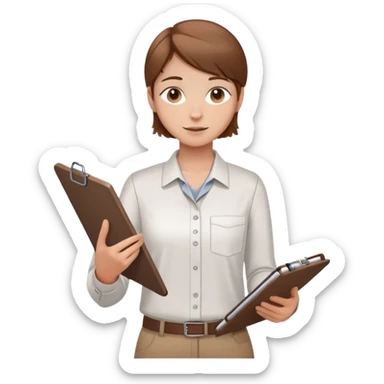 Intern or volunteer with brown hair holding a clipboard and pencil, ready to take notes or assist. The character wears a simple shirt and has an eager posture sticker