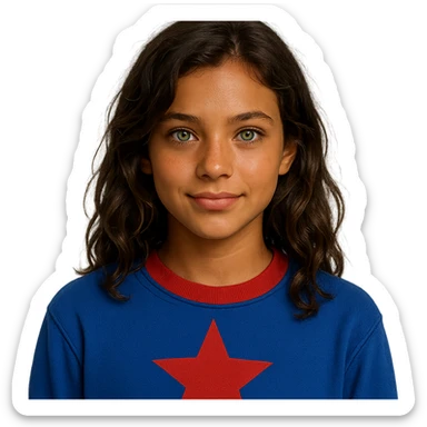 a girl with bright green eyes, slightly tanned skin, wavy brown hair, wearing a blue sweatshirt with a red star and collar, portrait sticker