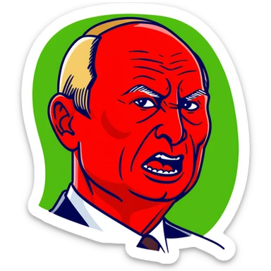 Vladimir Putin face in profile, looking sideways, screaming with intense anger, red face, furious expression sticker