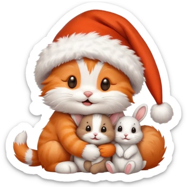 Happy Kitten wearing a Santa hat hugging a cute bunny in a Santa hat sticker