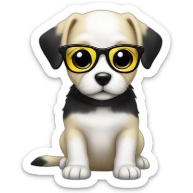white puppy in yellow glasses with a black dress sticker