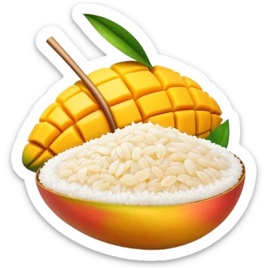 Cinematic Realistic Mango Sticky Rice Dessert Emoji, showcasing sweet sticky rice paired with ripe mango slices and coconut milk rendered with lifelike detail and warm, inviting lighting. sticker