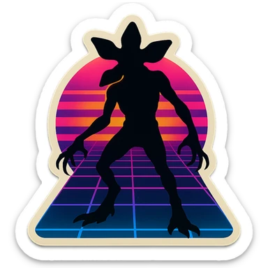 Demogorgon silhouette against a neon grid background, 80s retro neon style, inspired by Stranger Things series sticker