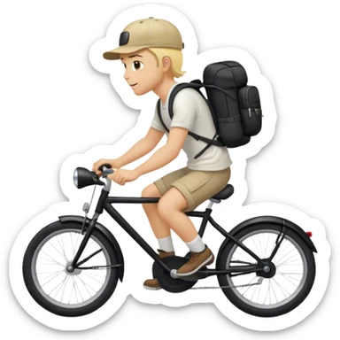 A blond guy in a cap and with a backpack on his back rides a black bike sticker