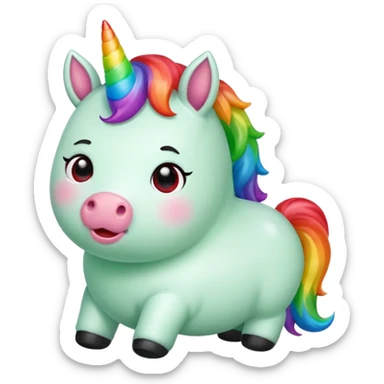 Small chubby unicorn in colours of jade green, black and red eyes, farting rainbow sticker