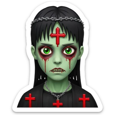 zumbi verde com olhos vermelhos sangrando e franja roupa preta e um crucifixo como colar sticker
