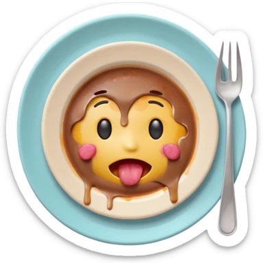 Cute 3D emoji of a dirty plate after eating, leftover food scraps, sauce stains on the plate, small fork and spoon resting on the plate, slightly messy but funny, soft pastel colors, rounded shape, clean background, kawaii style, expressive and playful, high quality, emoji style sticker